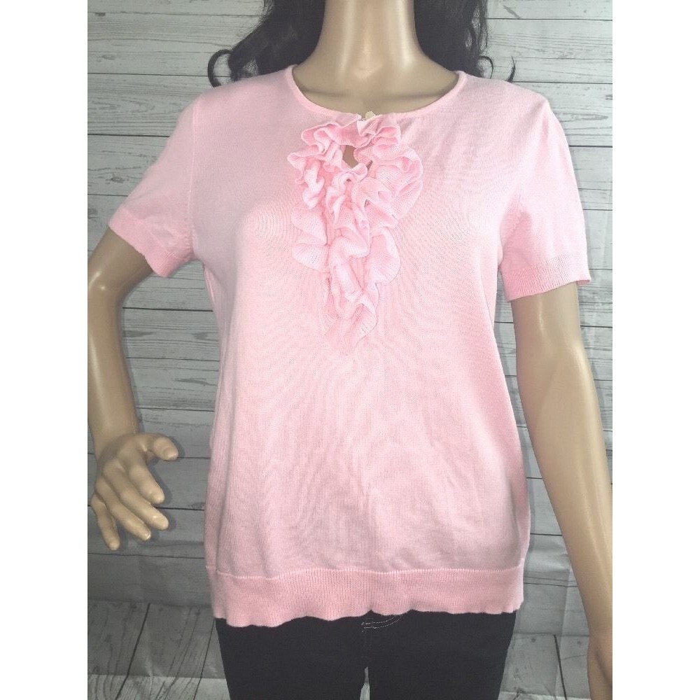 American Living Sweater Womens Medium Ruffled Pink Thin Knit Short Sleeve Top